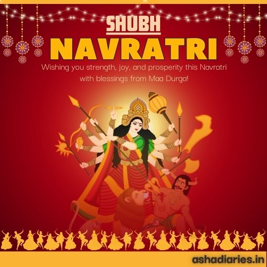 Shubh Navratri Celebration Image Featuring Maa Durga with Ten Arms Holding Various Weapons, Defeating Mahishasura. the Text Wishes Strength, Joy, and Prosperity with Blessings from Maa Durga, Set on a Red Background with Decorative Elements.