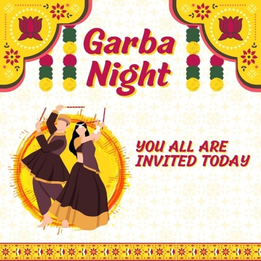 Garba Night Invitation with a Colorful Design Featuring a Couple Dancing with Dandiya Sticks, Traditional Lotus Patterns, and a Festive Banner. Text Reads 'You all are invited today'.