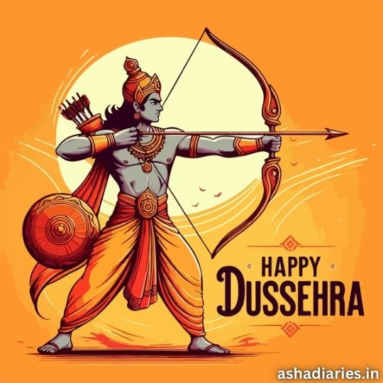 Illustration of Lord Rama with a Bow and Arrow, Set Against a Bright Orange Background with the Text 'Happy Dussehra' in bold letters, symbolizing the celebration of the Indian festival Dussehra. The image has a traditional, artistic style, and is accompanied by the website credit 'ashadiaries.in' in the corner.