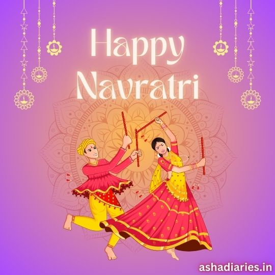 Illustration of a Man and Woman Performing Garba Dance with Dandiya Sticks in Traditional Attire, Celebrating Navratri with the Text 'Happy Navratri' on a vibrant background, decorated with hanging floral designs. ashadiaries.in is written in the corner.