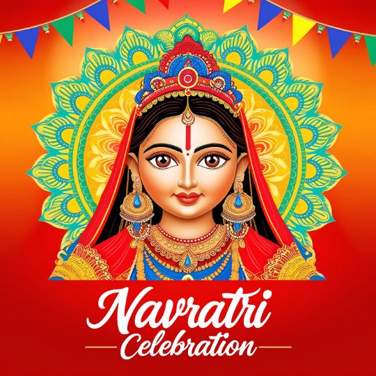 the Image Shows a Vibrant Illustration of Goddess Durga, Adorned in Traditional Indian Attire, with Detailed Jewelry and a Red Veil. a Decorative Mandala Pattern Forms the Backdrop, with Colorful Triangular Banners Hanging Above. the Text "navratri Celebration" is Displayed in Elegant White Letters at the Bottom, Symbolizing the Joyous Festival of Navratri. the Color Scheme Includes Rich Shades of Red, Orange, Yellow, Blue, and Green, Emphasizing the Festive Spirit.