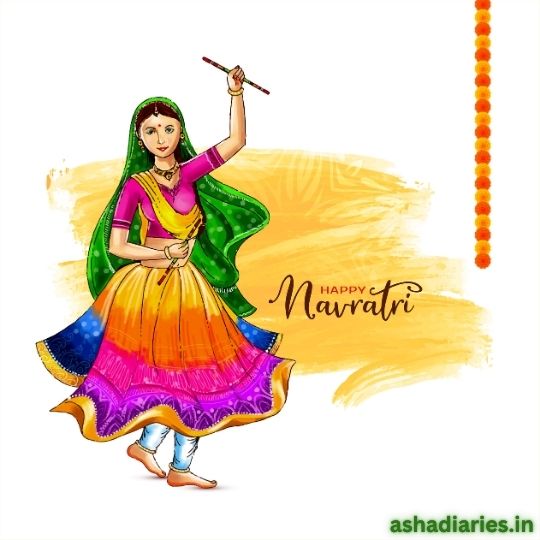 Illustration of a Woman Dancing with Dandiya Sticks in Colorful Traditional Attire for Navratri Celebration, with the Text 'Happy Navratri' in the background. The design includes festive orange and yellow elements, with marigold flowers adorning the side. Image from ashadiaries.in.