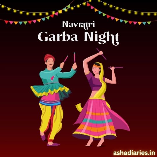 Illustration of a Man and Woman Dancing with Dandiya Sticks During Navratri Garba Night Celebration, with Decorative Lights and Flags in the Background. the Image Promotes Festive Spirit and Celebration. Website Branding 'ashadiaries.in' is shown at the bottom.