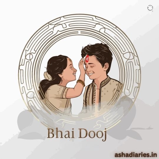 Illustration of a Sister Applying a Tilak on Her Brother's forehead, celebrating the Indian festival of Bhai Dooj. Both are wearing traditional Indian attire, and the image features a decorative circular design in the background. Text at the bottom reads 'Bhai Dooj,' with a website name 'ashadiaries.in' in the corner.