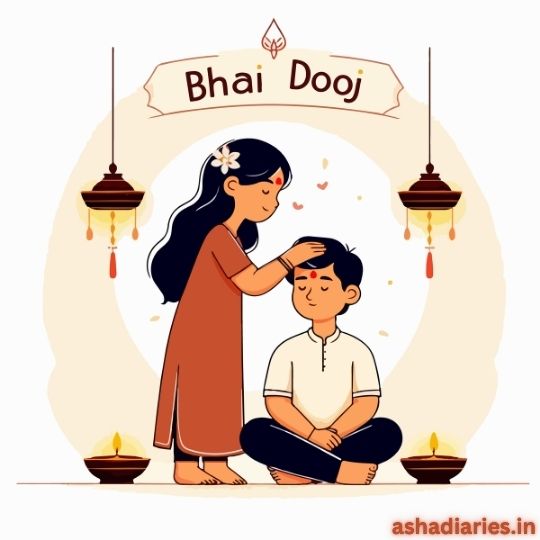 the Image Depicts a Sister Applying a Tilak on Her Brother's forehead during the Bhai Dooj festival. The scene is adorned with traditional elements, including lit diyas (lamps) and hanging lanterns, symbolizing the sacred bond between siblings. The banner above reads "Bhai Dooj," emphasizing the celebration of the occasion. The website ashadiaries.in is mentioned in the bottom corner.