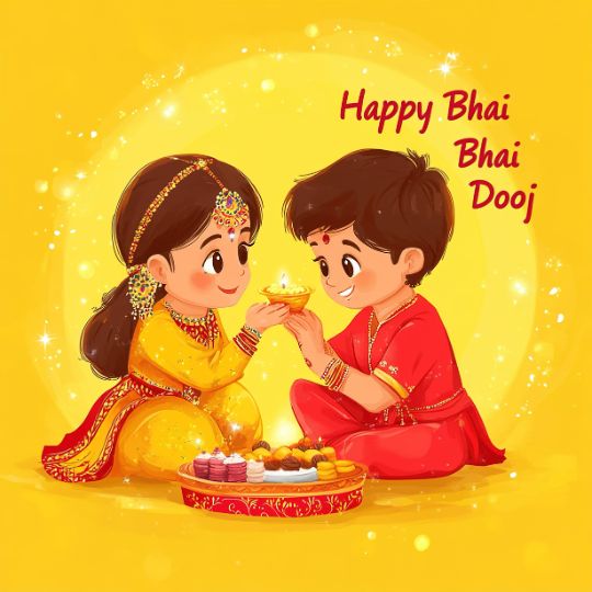 Illustration of a Young Sister and Brother Celebrating Bhai Dooj, with the Sister Applying a Tilak on Her Brother's forehead. Both are dressed in traditional Indian attire, with a decorative tray of sweets in front of them. The background is bright yellow with sparkles, and the text 'Happy Bhai Dooj' is written in the top right corner.