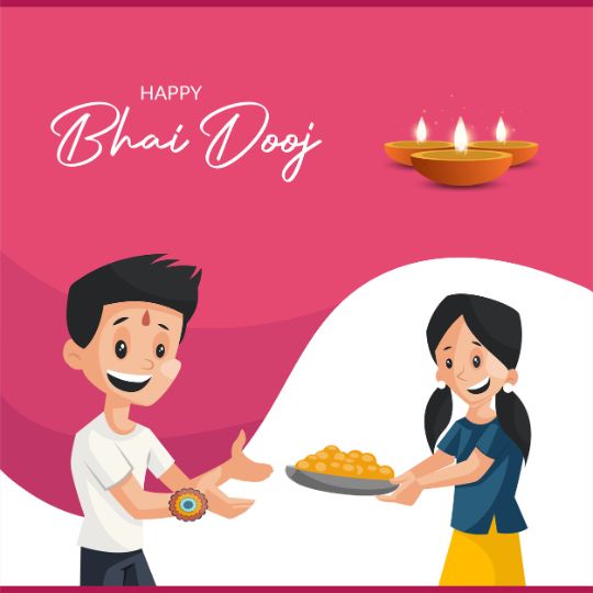 Illustration of a Brother and Sister Celebrating Bhai Dooj, with the Sister Offering Sweets to Her Brother and a Lit Diya in the Background, Symbolizing the Festival of Bhai Dooj.