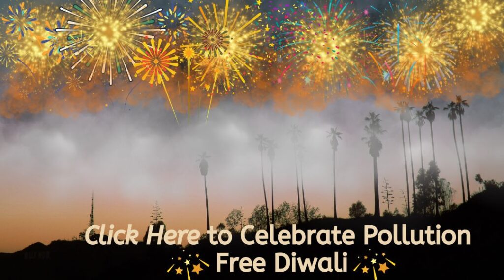 Colorful Fireworks Lighting Up the Night Sky over a Hazy Landscape with Silhouettes of Palm Trees, Conveying the Message 'Click Here to Celebrate Pollution-Free Diwali' in bold text, advocating for an eco-friendly Diwali without firecrackers.