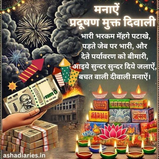 an Illustration Promoting a Pollution-free Diwali. the Image Contrasts Fireworks and Smoke with Decorative Diyas, Emphasizing Saving Money and Preventing Environmental Damage. the Text in Hindi Urges People to Celebrate an Eco-friendly Diwali by Lighting Beautiful Oil Lamps Instead of Expensive, Harmful Fireworks, and Promotes a Budget-friendly Celebration.