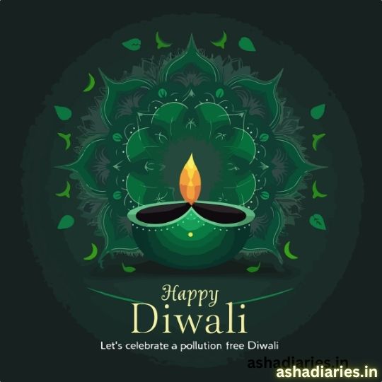 Green Diwali-themed Image Featuring a Lit Diya (oil Lamp) with the Message 'Happy Diwali' and 'Let's celebrate a pollution-free Diwali' on a dark green mandala background, promoting eco-friendly celebrations.