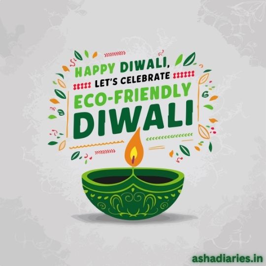 Green Diya with Flame and Decorative Elements Celebrating an Eco-friendly Diwali, Featuring the Message 'Happy Diwali, Let's Celebrate Eco-Friendly Diwali' in Bold Colors on a Light Gray Background with Floral Accents