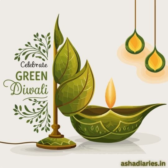 the Image Features a Creative "green Diwali" Celebration Theme. It Includes a Green-colored Lamp (diya) Shaped Like a Leaf, Symbolizing an Eco-friendly Approach to the Diwali Festival. the Text "celebrate Green Diwali" is Displayed on the Left Side of the Image, Accompanied by Leaf Motifs. Two Decorative Hanging Lamps Also Appear on the Right, Emphasizing the Eco-conscious Message of the Design. the Image Carries a Message of Promoting an Environmentally Friendly Celebration, and the Url "ashadiaries.in" is Visible at the Bottom.