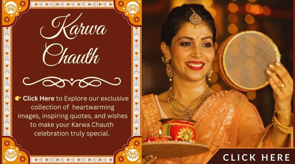 a Smiling Woman Dressed in Traditional Attire Celebrating Karwa Chauth, Holding a Thali with a Decorated Pot and a Mirror, with Festive Decorations in the Background."