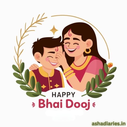 the Image Shows a Joyful Illustration of a Sister Applying a Tilak on Her Younger Brother's forehead, symbolizing the celebration of Bhai Dooj. Both are smiling, dressed in traditional Indian attire, and surrounded by decorative leaves and stars. The text "Happy Bhai Dooj" is displayed at the bottom, with the website name ashadiaries.in mentioned subtly.