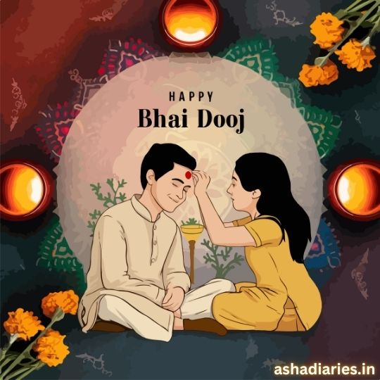 the Image Shows a Sister Applying a Tilak (sacred Red Mark) on Her Brother's forehead during the Bhai Dooj celebration. The siblings are seated on the floor, surrounded by festive decorations like oil lamps (diyas) and marigold flowers. The background features intricate traditional patterns, adding to the celebratory atmosphere. The text "Happy Bhai Dooj" is prominently displayed at the top, and the image also features the website name "ashadiaries.in" at the bottom. The scene captures the essence of sibling bonding and the cultural significance of the Bhai Dooj festival.