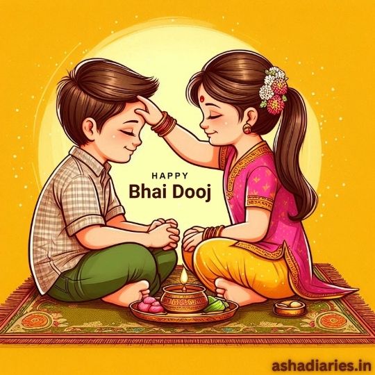 Illustration of a Sister Applying a Tilak on Her Brother's forehead during Bhai Dooj celebrations. Both are seated on the floor with traditional offerings placed in front of them. The sister is dressed in a pink and yellow Indian outfit, while the brother wears a casual shirt and pants. The background is a bright yellow with 'Happy Bhai Dooj' written in the center. The image also features the website name 'ashadiaries.in' in the corner.