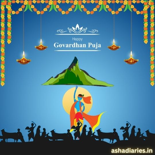 Colorful Illustration Celebrating Govardhan Puja, Featuring Lord Krishna Lifting the Govardhan Hill with a Backdrop of Festive Decorations, Including Hanging Lamps and Floral Garlands, and Silhouettes of People and Cows.