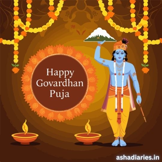 an Illustration of Lord Krishna Holding a Mountain of Butter with a Festive Backdrop, Accompanied by the Text 'Happy Govardhan Puja,' surrounded by traditional decorations and diyas.