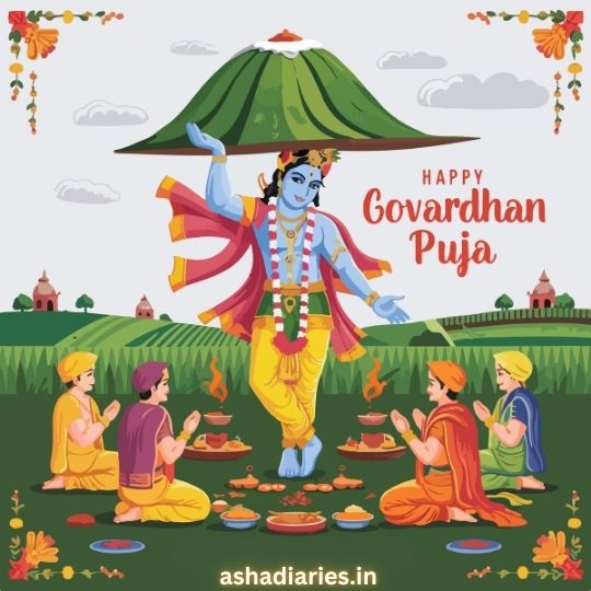 Illustration of Lord Krishna Lifting the Govardhan Hill While Devotees Offer Prayers and Food, with a Festive 'Happy Govardhan Puja' text and a lush green landscape in the background.