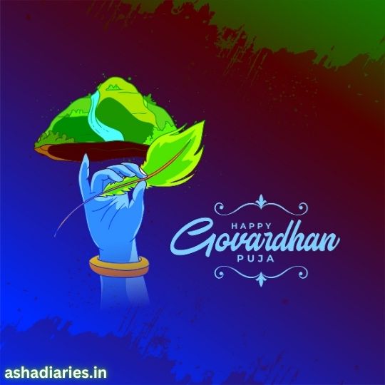 Artistic Illustration of a Blue Hand Holding a Mountain with a River and a Green Leaf, Accompanied by the Text 'Happy Govardhan Puja' against a colorful background.