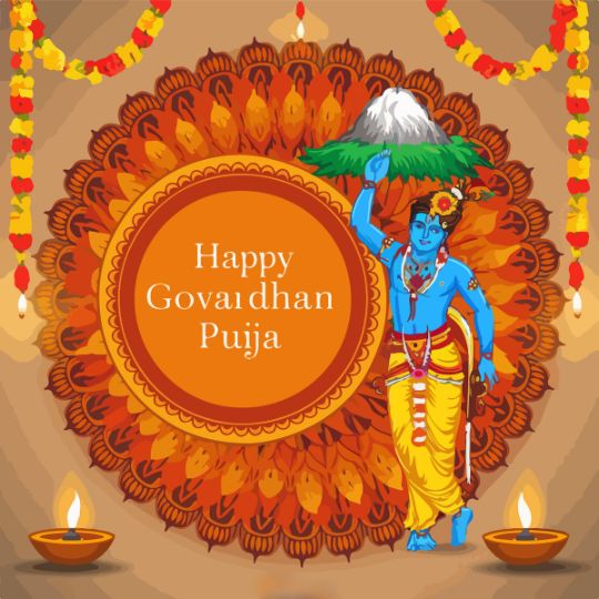 Illustration of Lord Krishna Lifting the Govardhan Hill with the Text 'Happy Govardhan Puja' set against a vibrant background adorned with traditional decorations and oil lamps.