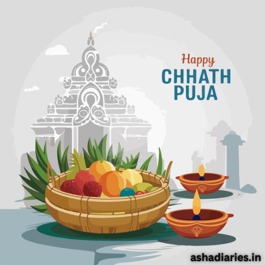 This Image Depicts a Graphic for Chhath Puja Celebration. It Features an Intricate Temple Silhouette in the Background, a Basket Full of Fruits, and Two Traditional Clay Lamps (diyas) on a Waterfront Setting. the Text "happy Chhath Puja" is Prominently Displayed, Underscoring the Festive Greeting. the Design Employs a Serene Color Palette, Enhancing the Tranquil and Sacred Atmosphere of the Festival.