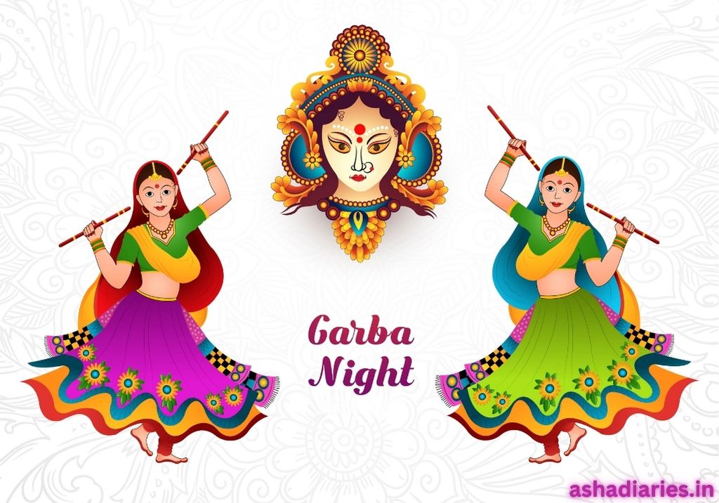 Colorful Illustration of Two Women Performing Garba Dance with Sticks During Garba Night, with a Vibrant Image of Goddess Durga in the Background, Representing Navratri Celebrations. Website Branding 'ashadiaries.in' is featured at the bottom.