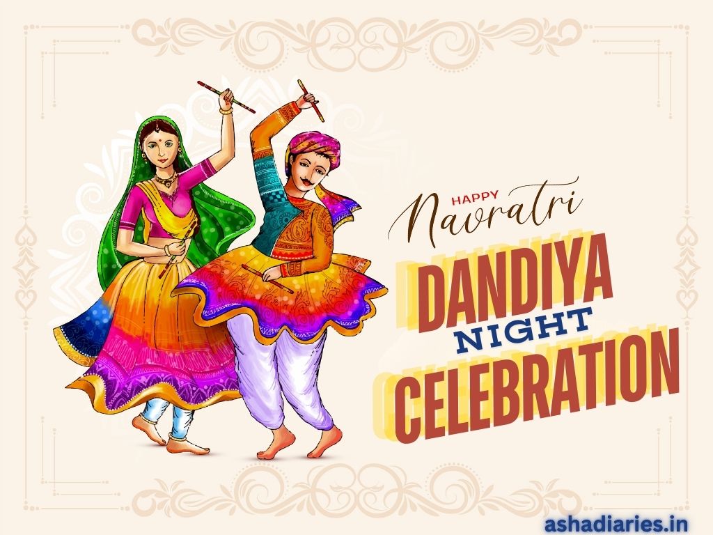 Illustration of a Joyful Couple Dressed in Colorful Traditional Attire Performing Dandiya Dance with Sticks in Celebration of Navratri. the Text Reads 'Happy Navratri Dandiya Night Celebration.' The image is featured on ashadiaries.in.