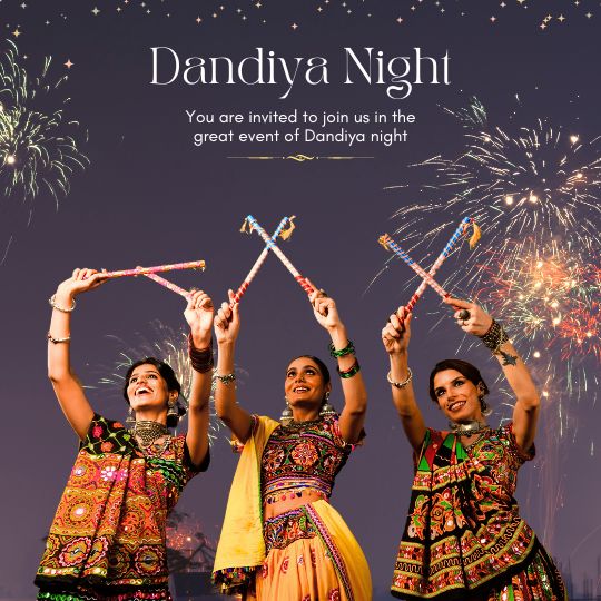 Three Women Dressed in Traditional Vibrant Attire Holding Dandiya Sticks, Celebrating Dandiya Night with Fireworks Lighting Up the Sky in the Background.