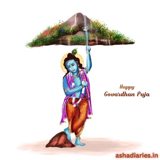 Illustration of Lord Krishna Lifting the Govardhan Mountain with One Finger, Symbolizing the Protection of His Devotees. the Artwork Features Vibrant Colors with Krishna Dressed in Traditional Attire, Holding the Mountain Above His Head While Standing on a Small Hill. the Text 'Happy Govardhan Puja' is placed beside the illustration, with the ashadiaries.in watermark in the corner.