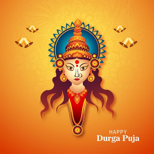 Illustration of Goddess Durga with a Traditional Crown and Jewelry on a Bright Orange Background, with Hanging Golden Bells and the Text 'Happy Durga Puja' at the bottom.