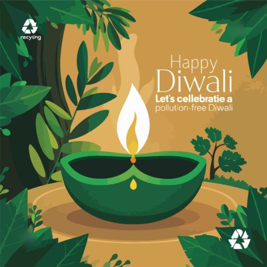 Happy Diwali Message with a Green Oil Lamp and Lush Greenery, Promoting a Pollution-free Diwali, Featuring Recycling Symbols and Eco-friendly Design Elements.