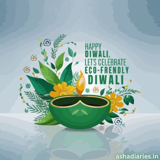 the Image Shows an Eco-friendly Diwali Greeting with a Green Diya (lamp) in the Center, Surrounded by Green Leaves and Yellow Flowers. the Text Reads: "happy Diwali, Let's celebrate eco-friendly Diwali." The design promotes an environment-friendly celebration, emphasizing sustainability and nature with its color palette of green and yellow. The website watermark "ashadiaries.in" is visible at the bottom right corner.