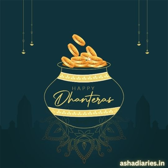 Happy Dhanteras Image Featuring a Pot Filled with Gold Coins on a Dark Blue Background with Intricate Floral Patterns and Hanging Decorative Elements, Created by Ashadiaries.in.