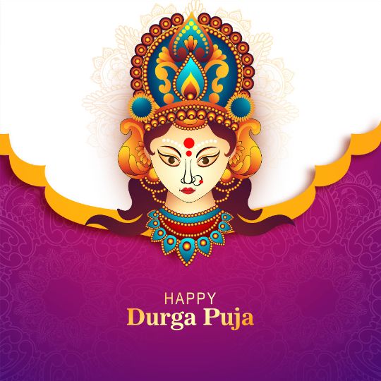 Illustration of Goddess Durga with a Vibrant Crown and Jewelry on a Purple and Gold Background. Text Reads 'Happy Durga Puja' below the image.