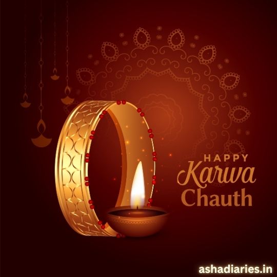 Golden Bangle with a Lit Diya on a Red Background, Symbolizing the Celebration of Karwa Chauth. Decorative Elements with Traditional Indian Patterns and the Text 'Happy Karwa Chauth' are featured. ashadiaries.in branding at the bottom.