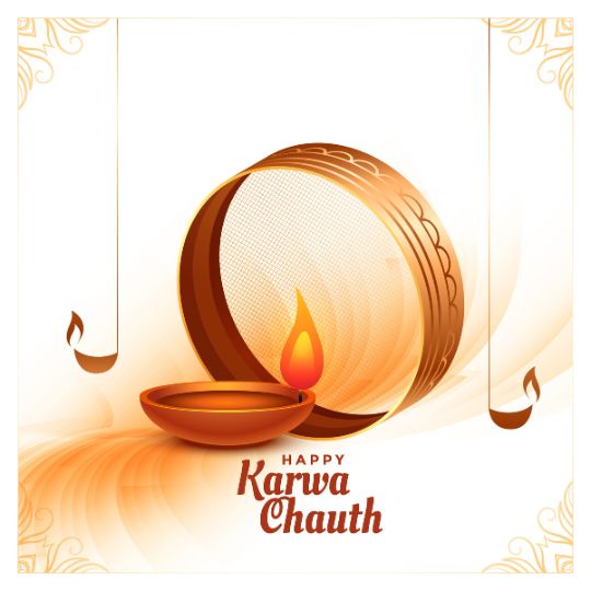 Illustration of Karwa Chauth Celebration Featuring a Traditional Sieve (channi), an Earthen Lamp (diya), and the Text 'Happy Karwa Chauth' in decorative fonts, symbolizing the festival's rituals.