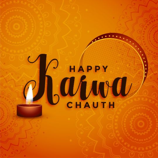 an Orange Background Design for Karwa Chauth Featuring a Decorative Pattern, a Glowing Diya (lamp), and the Text 'Happy Karwa Chauth' with a traditional sieve design for the moon in the background.