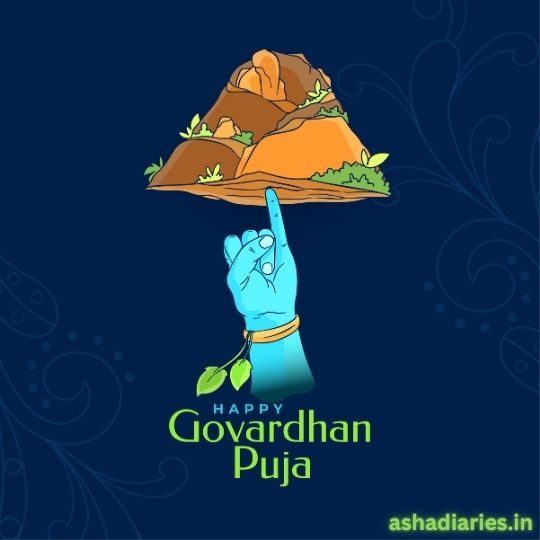 Illustration for Govardhan Puja Featuring a Blue Hand Holding a Mountain with Greenery, Accompanied by the Text 'Happy Govardhan Puja' in green font on a dark blue background.