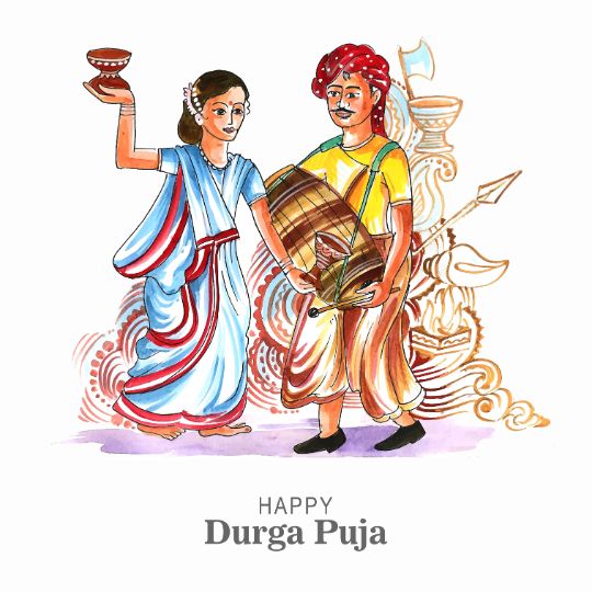 Illustration of a Man Playing a Drum and a Woman Performing Aarti During Durga Puja Celebrations, with Traditional Festive Elements in the Background. the Text Reads 'Happy Durga Puja'