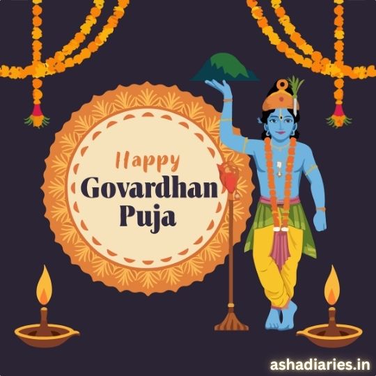 Illustration of Lord Krishna Lifting the Govardhan Hill with the Text 'Happy Govardhan Puja' in the center. The design features decorative garlands, oil lamps, and a festive orange backdrop with ashadiaries.in in the bottom right corner.