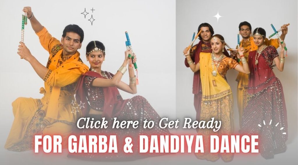 Group of Young Men and Women Dressed in Traditional Indian Attire Holding Dandiya Sticks, Ready for Dandiya and Garba Dance During Navratri Celebrations.