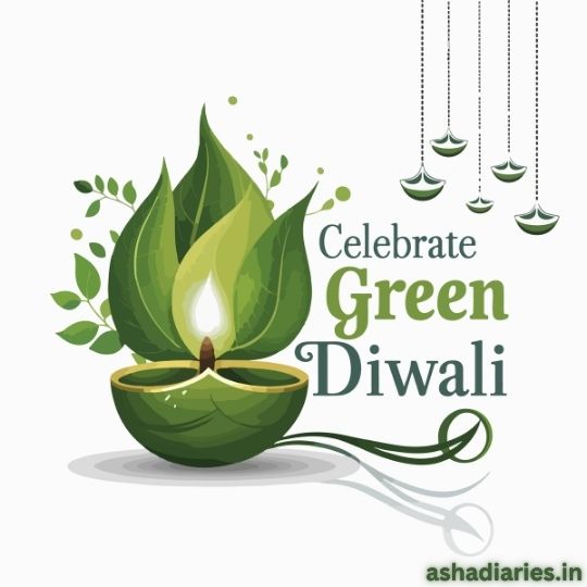 Celebrate Green Diwali" Image Featuring a Green Leaf-shaped Diya with a Flame, Symbolizing an Eco-friendly Diwali Celebration. the Design Emphasizes Nature, with Leaves Surrounding the Diya and Hanging Eco-friendly Decorations, Promoting a Pollution-free and Environmentally Conscious Festival