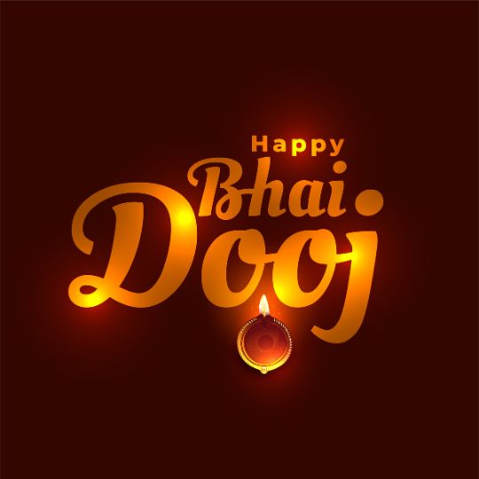 the Image Shows the Text "happy Bhai Dooj" in Glowing Golden Letters on a Dark Brown Background, with a Lit Decorative Oil Lamp (diya) Beneath the Text. the Design Has a Festive and Warm Feel, Suitable for Celebrating the Indian Festival of Bhai Dooj.