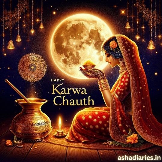 Illustration of a Woman Dressed in a Traditional Red Saree, Observing the Karwa Chauth Ritual Under a Bright Full Moon. the Image Features a Glowing Pot, Diya (oil Lamp), and Decorative Elements with the Text 'Happy Karwa Chauth' at the center. The background is illuminated with hanging lanterns, creating a festive and spiritual atmosphere. The website 'ashadiaries.in' is visible in the corner.