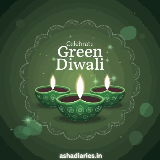 the Image Depicts Three Green Clay Oil Lamps (diyas) Lit with Bright Flames, Symbolizing the Celebration of Green Diwali. the Background is a Circular Green Pattern, with Sparkling Lights and the Text "celebrate Green Diwali" Written in the Center. the Image Emphasizes an Eco-friendly Diwali Celebration. the Url "ashadiaries.in" is Mentioned at the Bottom.