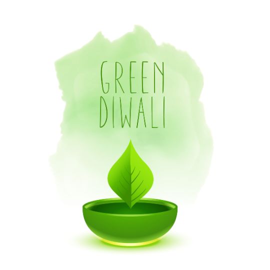 Green Diwali Illustration Featuring a Green Diya with a Leaf Symbolizing Eco-friendly Diwali Celebration.