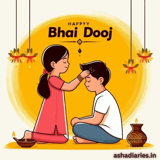 Illustration of a Sister Applying a Tilak on Her Brother's forehead while they both sit cross-legged, celebrating Bhai Dooj. The background features a warm yellow circle with decorative hanging lamps and traditional Diwali elements like earthen lamps and a pot. The image includes the text 'Happy Bhai Dooj' and is branded with 'ashadiaries.in' at the bottom.