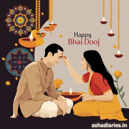 a Sister Applying a Tilak on Her Brother's forehead during the Bhai Dooj celebration. The brother and sister are seated on the floor, surrounded by festive lamps, marigold flowers, and traditional decorations. The image features the text 'Happy Bhai Dooj' in the background and is from the website ashadiaries.in.