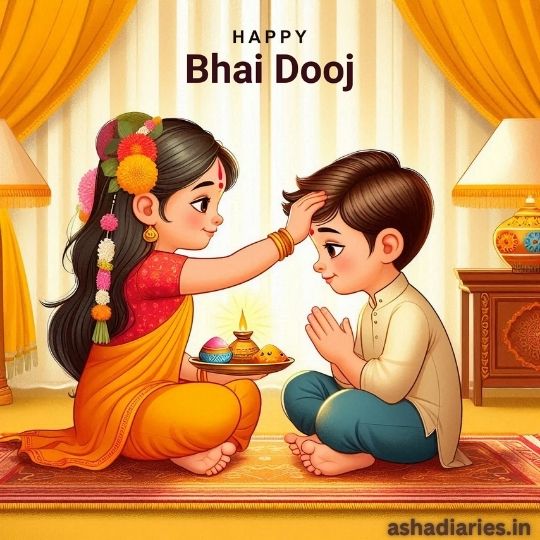 Illustration of a Sister Applying a Tilak on Her Brother's forehead during Bhai Dooj. The sister is dressed in a traditional saree with colorful flowers adorning her hair, and the brother is seated respectfully in front of her, wearing a kurta. A diya and sweets are placed on a decorative plate in front of them, symbolizing the festive occasion of Bhai Dooj. The background shows a warmly lit, traditional home setting with curtains and lamps, and the words 'Happy Bhai Dooj' are written above the siblings. The image is from ashadiaries.in.